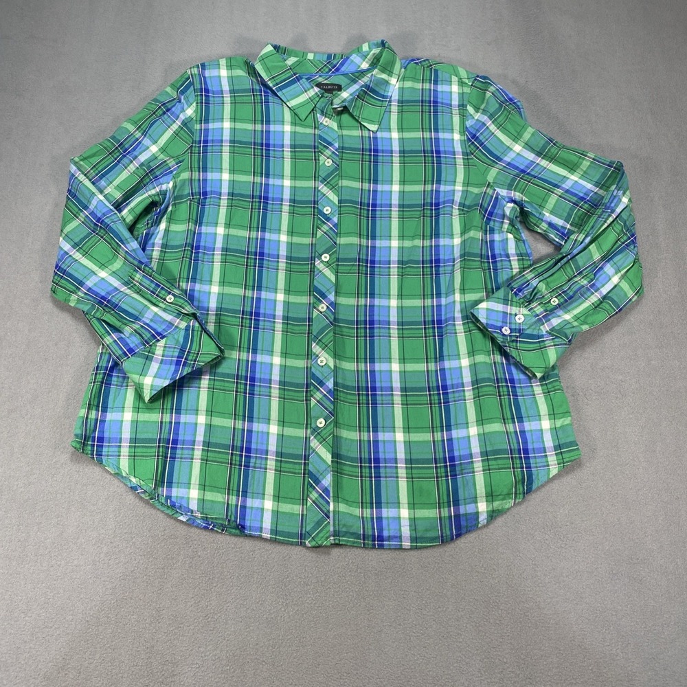 Talbots Women's XL Button Down Blue Green Foliage Plaid Lightweight